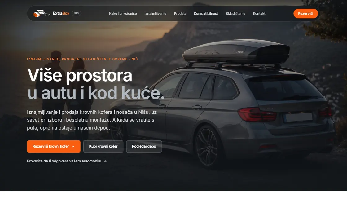 ExtraBox home page: a roof box on a car and a call to book