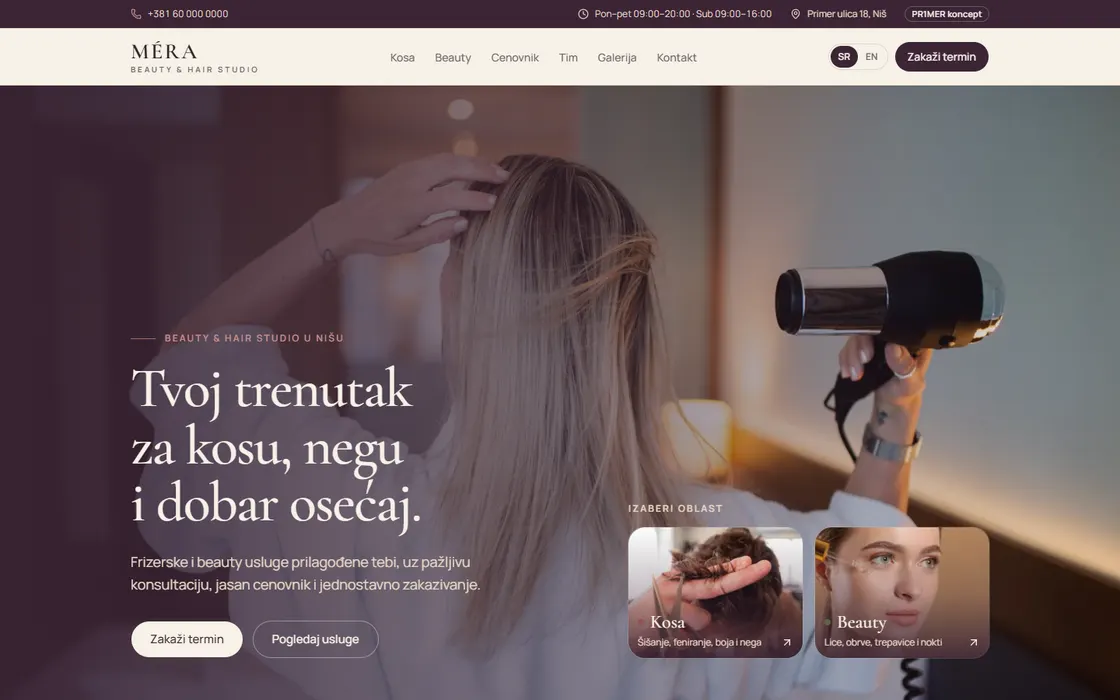 Home page of the MÉRA Beauty & Hair Studio concept
